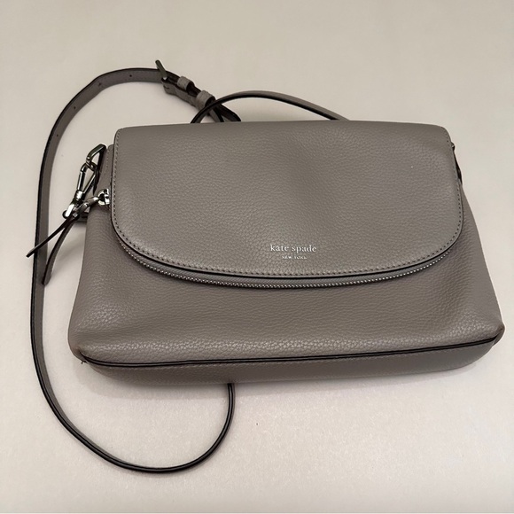 Kate Spade Large Polly Convertible Zippered Flap Crossbody Pebbled Leather Grey - Picture 1 of 6